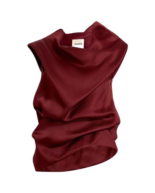Khaite Red Luola Cowl Neck Asymmetric Hem Top