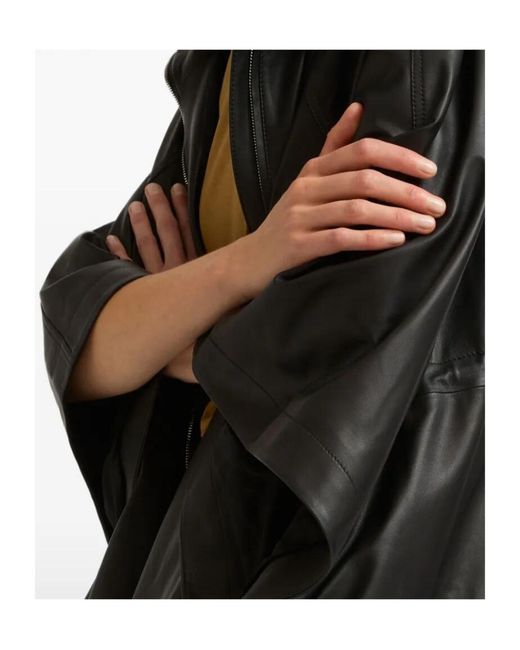Yves Salomon Black Hooded Waterproof Leather Cape