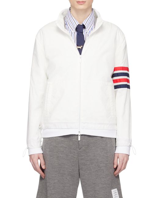 Thom Browne White Bar Striped Zipped Ripstop Jacket for men
