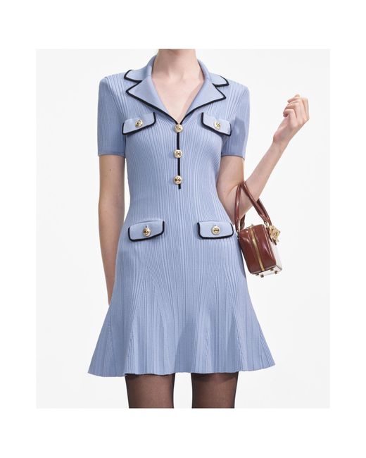 Self-Portrait Blue Short-Sleeved Ribbed Dress