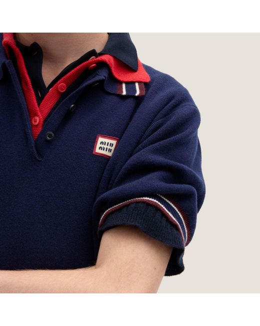 Miu Miu Blue Logo-Patch Short-Sleeved Mini Polo Dress