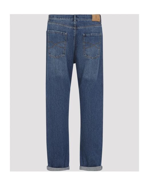 Brunello Cucinelli Blue Logo Patch Mid-Rise Jeans for men
