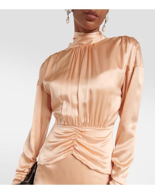 Alessandra Rich Pink Tie-Neck Silk Satin Midi Dress