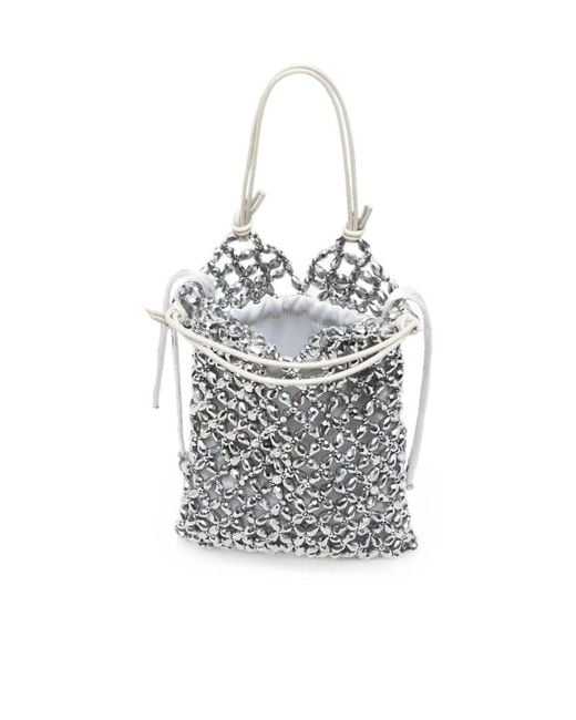 Staud White Karla Beaded-Mesh Drawstring Tote Bag