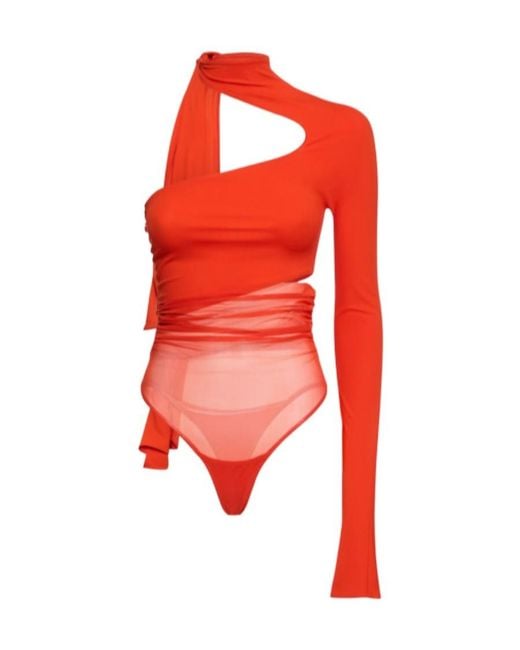 Mugler Red Asymmetrical Jersey Mesh Jumpsuit