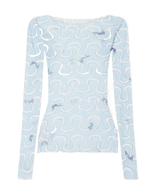 Emilio Pucci Blue Printed Sheer Tulle Top