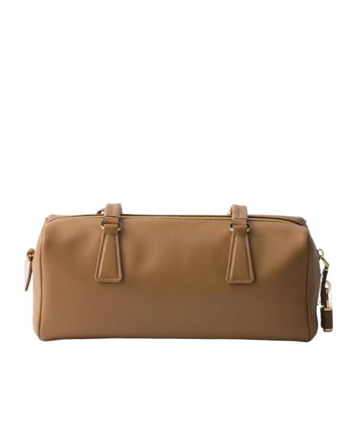 Prada Brown Re-Nylon And Leather Medium Top-Handle Bag With Padlock