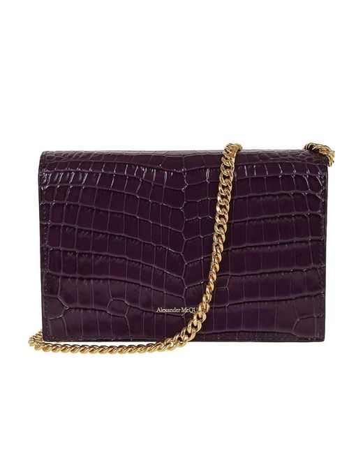 McQueen Purple Crocodile Embossed Skull Rivet Shoulder Bag