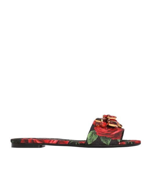 Dolce & Gabbana Red Rose-Print Brocade Flat Slides