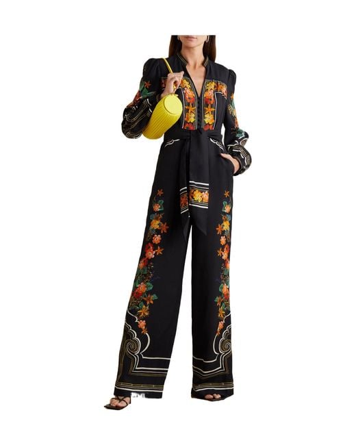 Saloni Black Bryce Belted Printed Crepe Jumpsuit