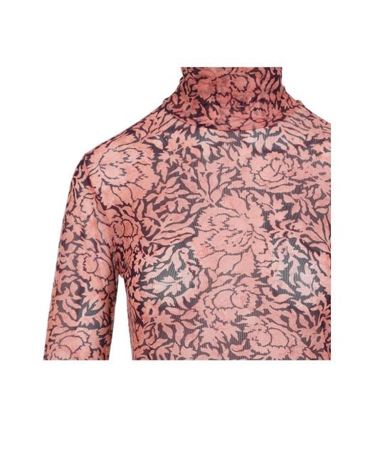 Dries Van Noten Red Long-Sleeved Sheer Turtleneck Blouse