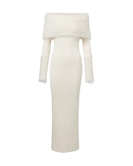 Jean Paul Gaultier White Ribbed-Knit Faux Fur-Trimmed Maxi Dress