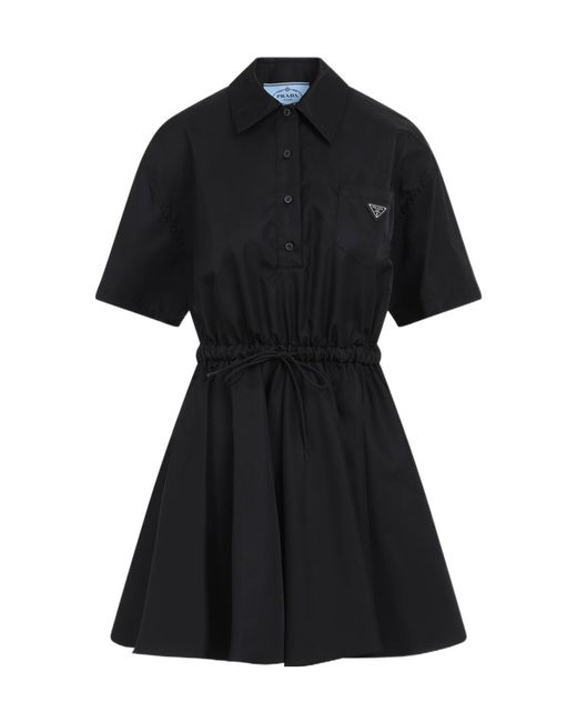 Prada Black Logo Plaque Drawstring Mini Dress