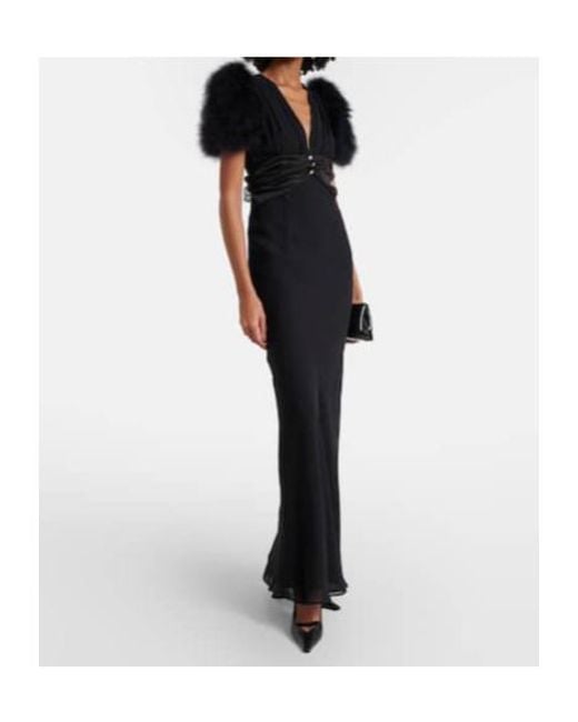 Alessandra Rich Black Feather-Trimmed Silk Georgette Gown