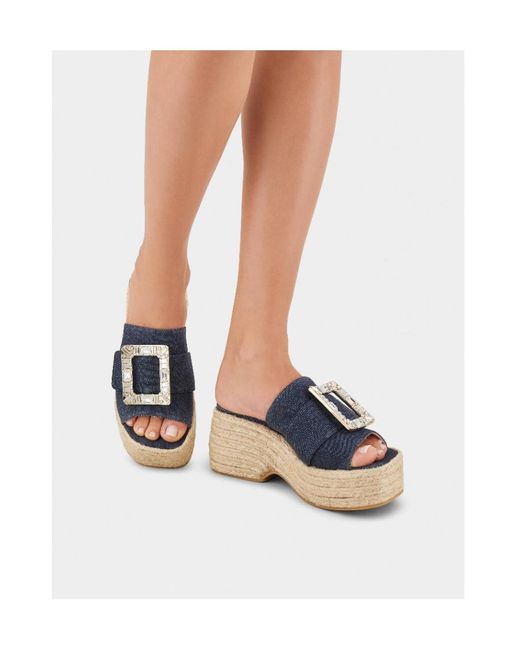 Roger Vivier Blue Strass Buckle Espadrille Platform Mule