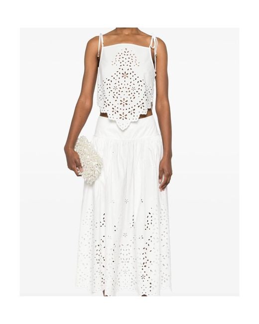Self-Portrait White Embroidered Asymmetric Hem Top