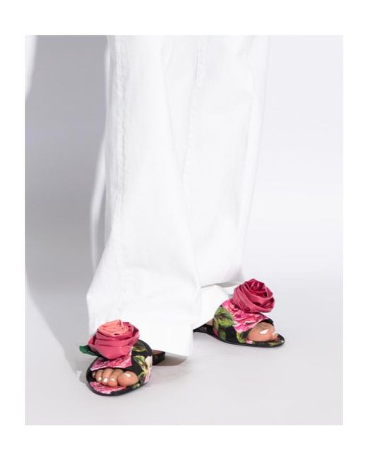 Dolce & Gabbana White Floral Detailed Slip-On Slides