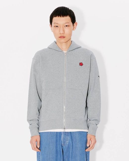 KENZO Gray Boke Flower Embroidered Zipped Hoodie for men