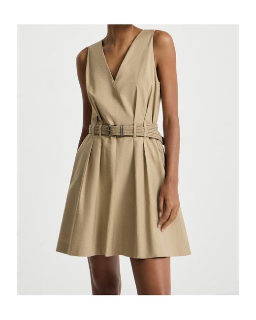 Brunello Cucinelli Natural Belted V-Neck Mini Dress
