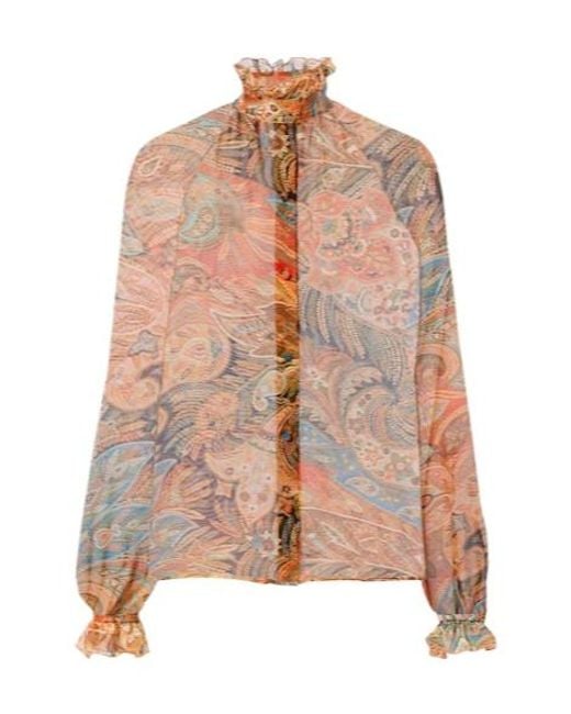 Etro Pink Printed Ruffled Silk Blouse