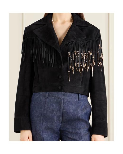 Gabriela Hearst Black Azra Fringed Leather-Trimmed Embellished Suede Jacket