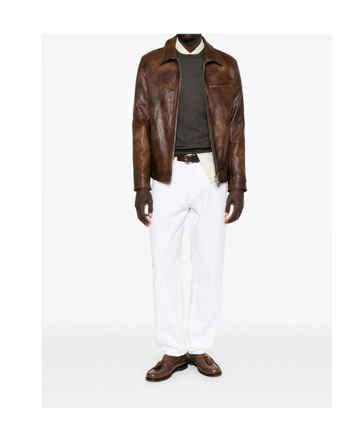 Dondup Brown Lapel-Collar Zip-Up Leather Jacket for men
