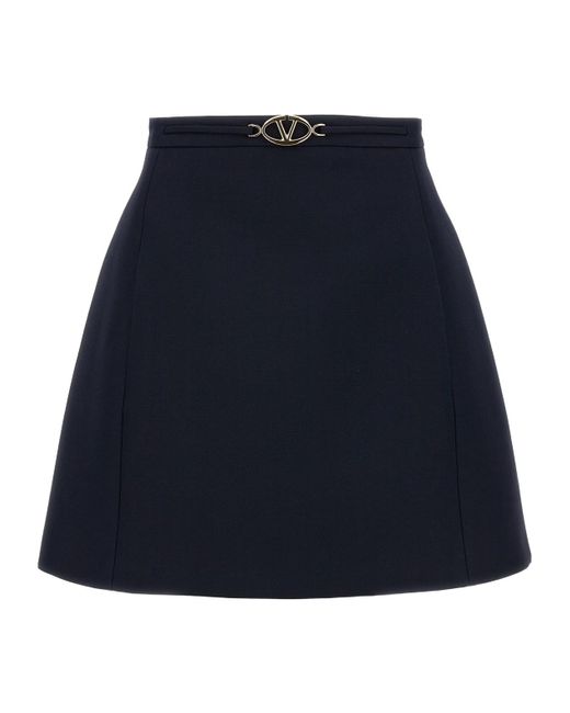 Valentino Blue Logo Plaque High Waist A-Line Skirt