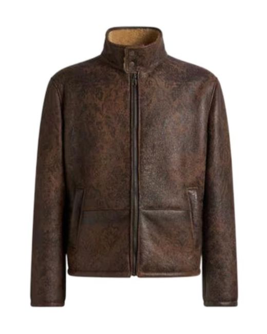 Etro Brown Shearling Jacket With Print for men