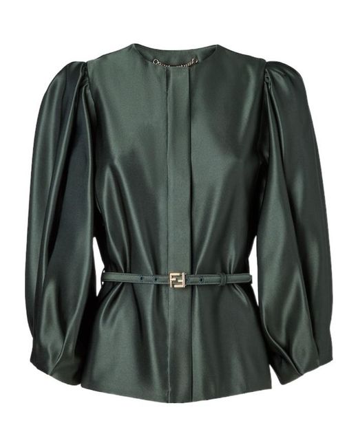 Fendi Green Duchess Crewneck Belted Jacket