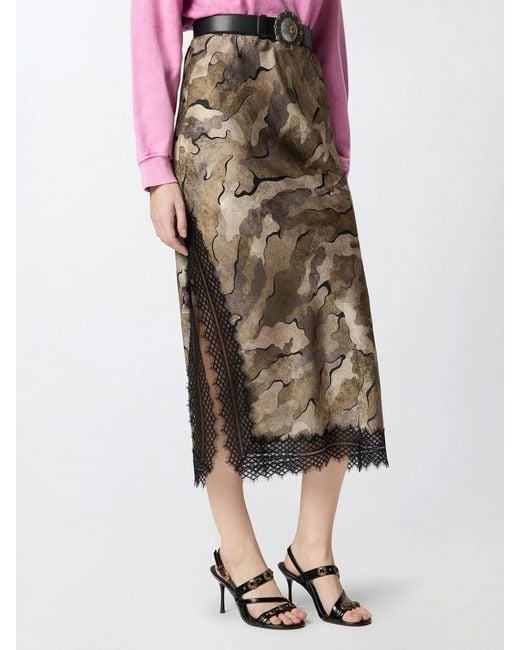 Pinko Natural Camouflage-Print Lace-Trim Midi Skirt