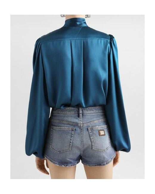Dolce & Gabbana Blue Pussybow-Collar Blouse