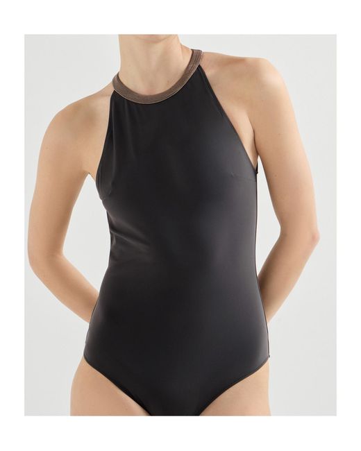 Brunello Cucinelli Black Monili Halterneck Swimsuit