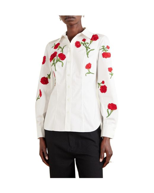Carolina Herrera White Floral-Appliquéd Cotton-Blend Shirt