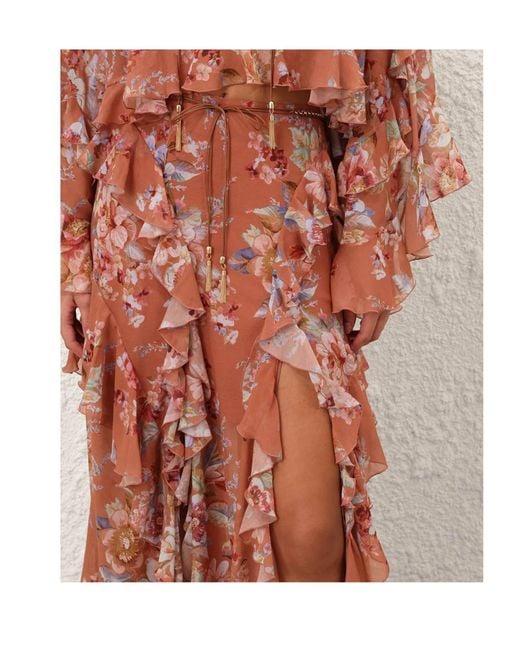 Zimmermann Red Awaken Ruffle Floral Printed Skirt