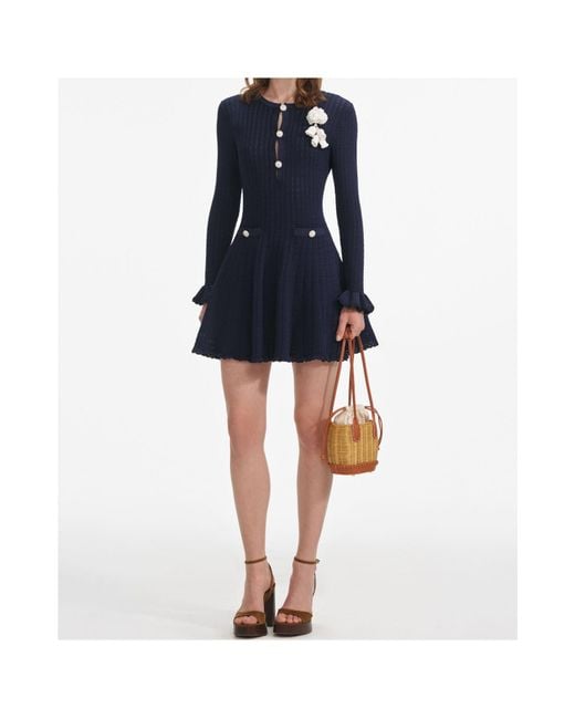 Self-Portrait Blue Knit Crochet Flower Mini Dress