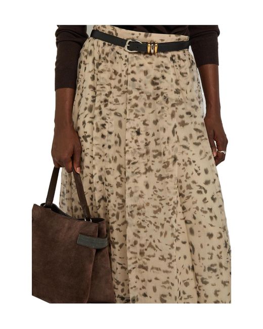 Brunello Cucinelli Natural Lynx-Print Silk-Organza Midi Skirt