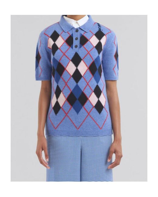 Marni Blue Argyle Knit Polo Shirt