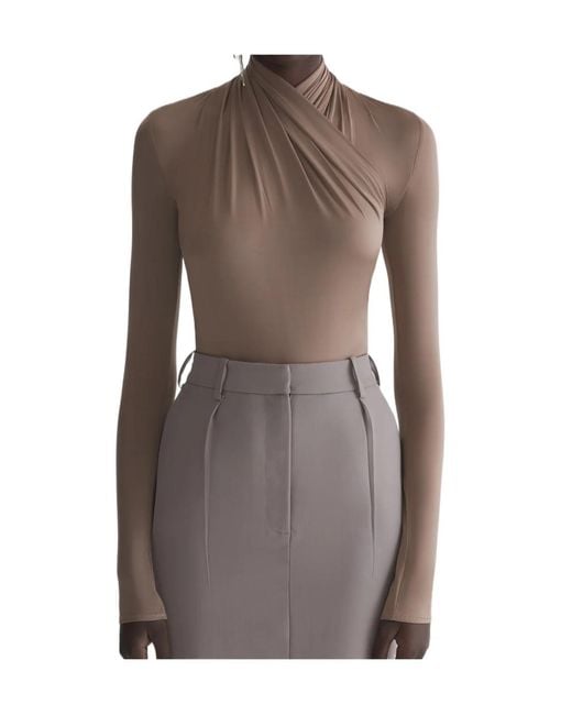 Mugler Brown Draped Long-Sleeve Bodysuit