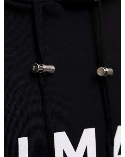 Balmain Black Logo Printed Drawstring Hoodie for men