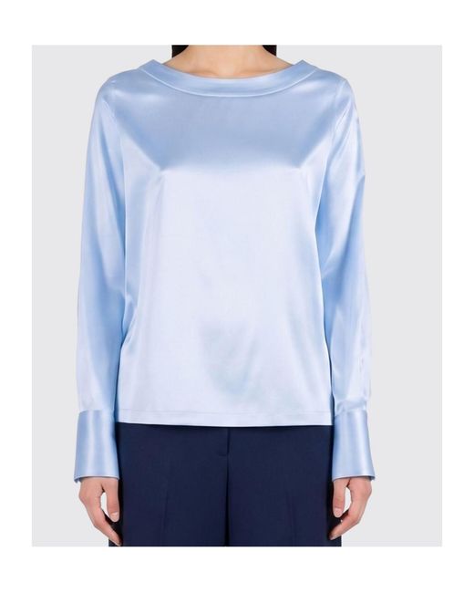 Mazzarelli Blue Satin-Finish Long-Sleeved Blouse