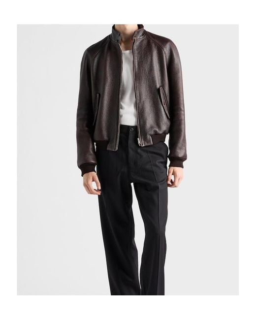 Prada Brown Leather Bomber Jacket for men