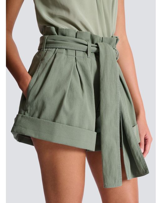 Balmain Gray Pleated Belted High-Waist Shorts