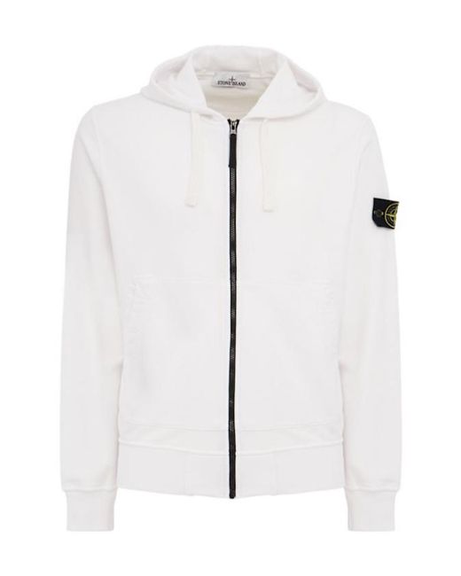 Stone Island White Logo Cotton Zip Hoodie for men