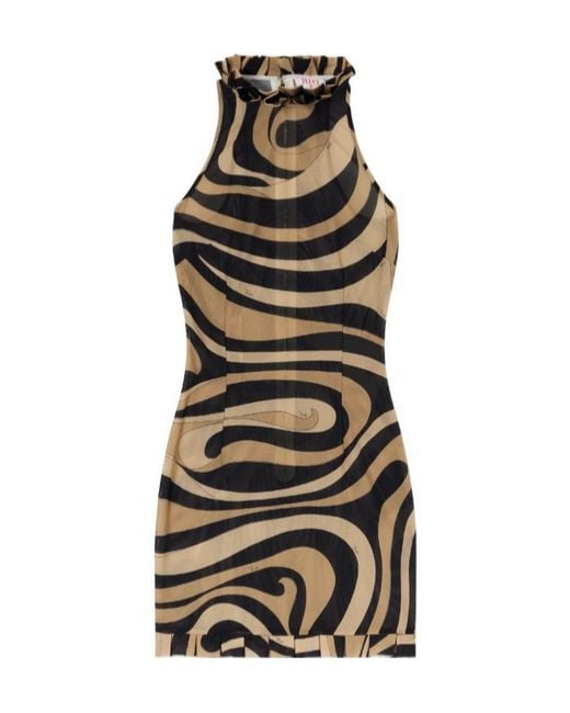 Emilio Pucci Black Pleated Printed Mesh Mini Dress