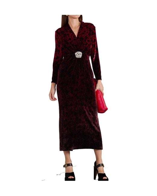 Saloni Gathered Printed Velvet Midi Dress