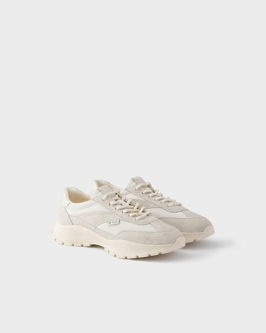 Prada White Mesh Fabric And Suede Sneakers
