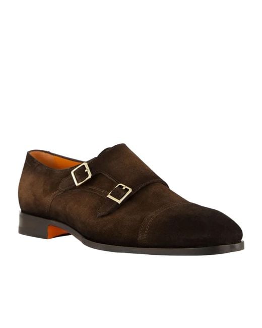 Santoni Brown Almond Toe Buckled Loafers for men