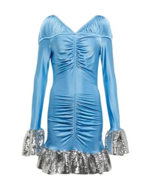 Rabanne Blue Embellished Pleated Metallic Wire Mini Dress