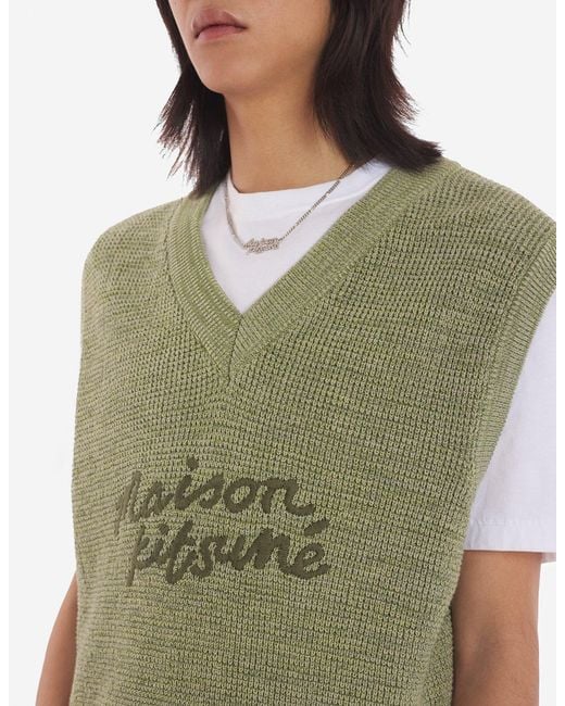 Maison Kitsuné Green Maison Kitsuné Logo Embroidered V-Neck Knitted Top for men