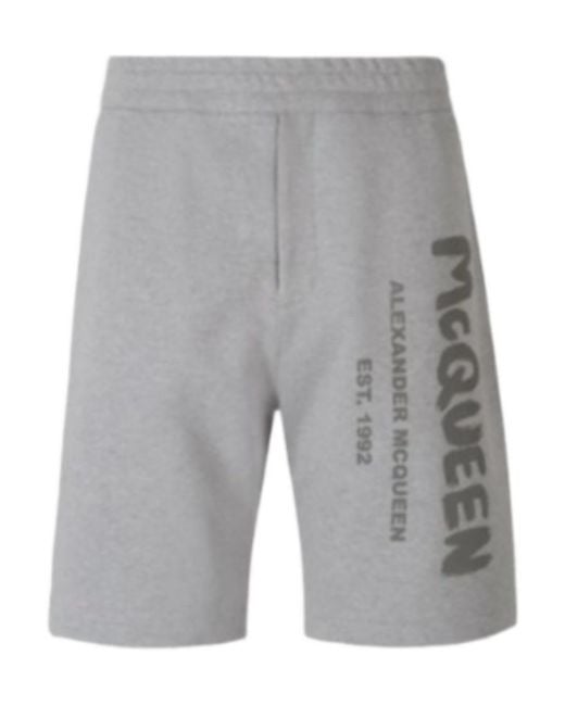 McQueen Gray Graffiti Printed Sport Shorts for men